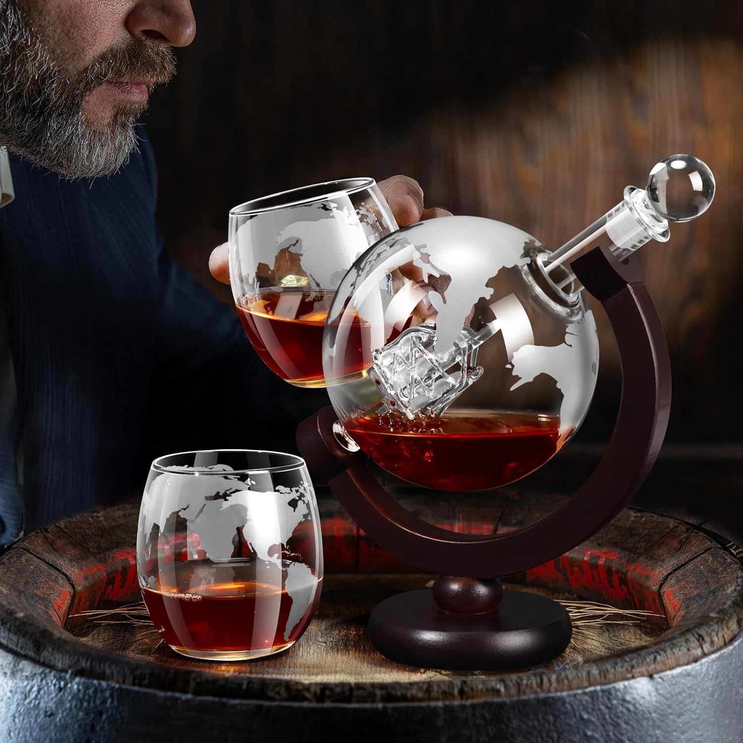 Whiskey Decanter Globe Set with 2 Etched Glasses for Men