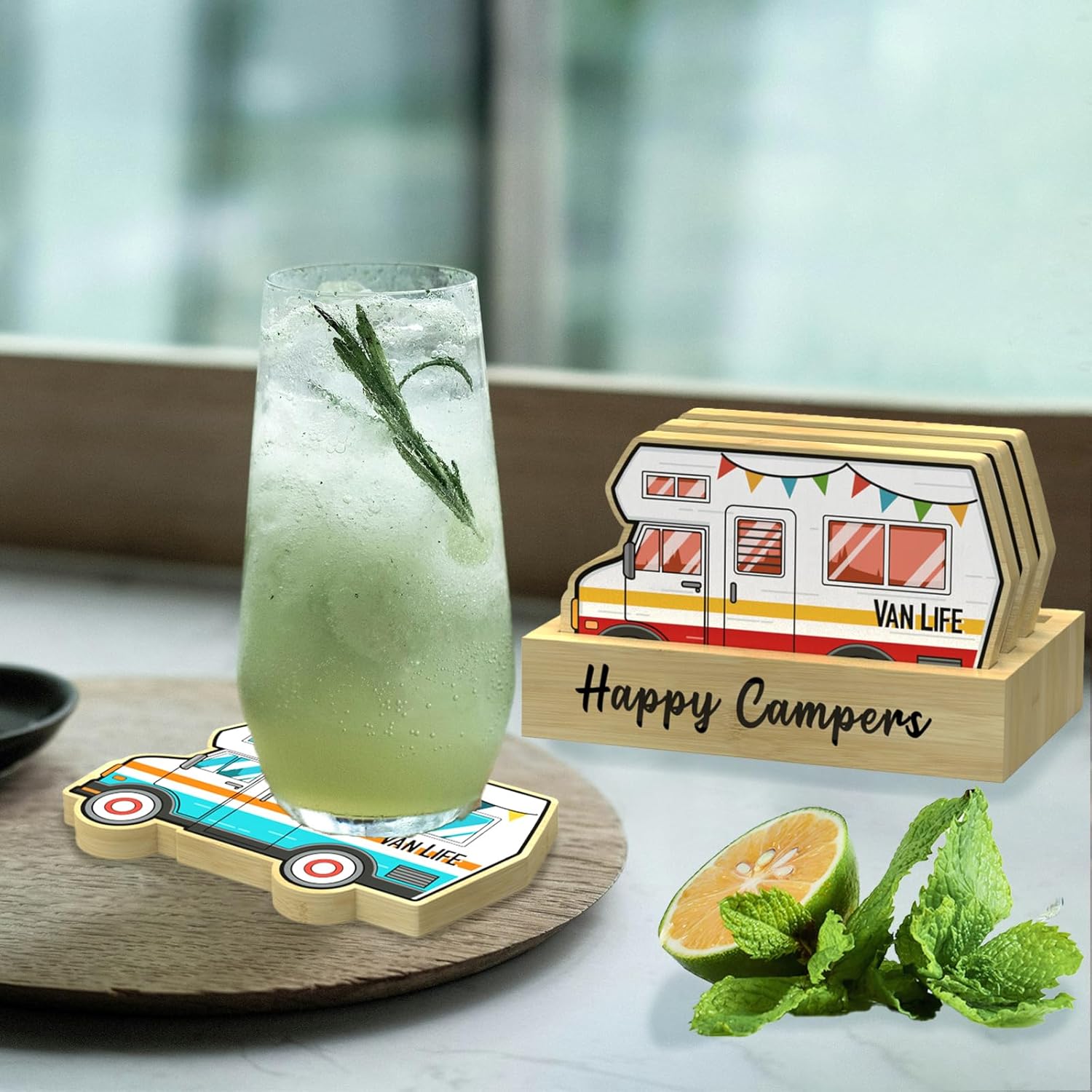 Camping RV Bamboo Drink Coasters Set with Holder - 4 Pack