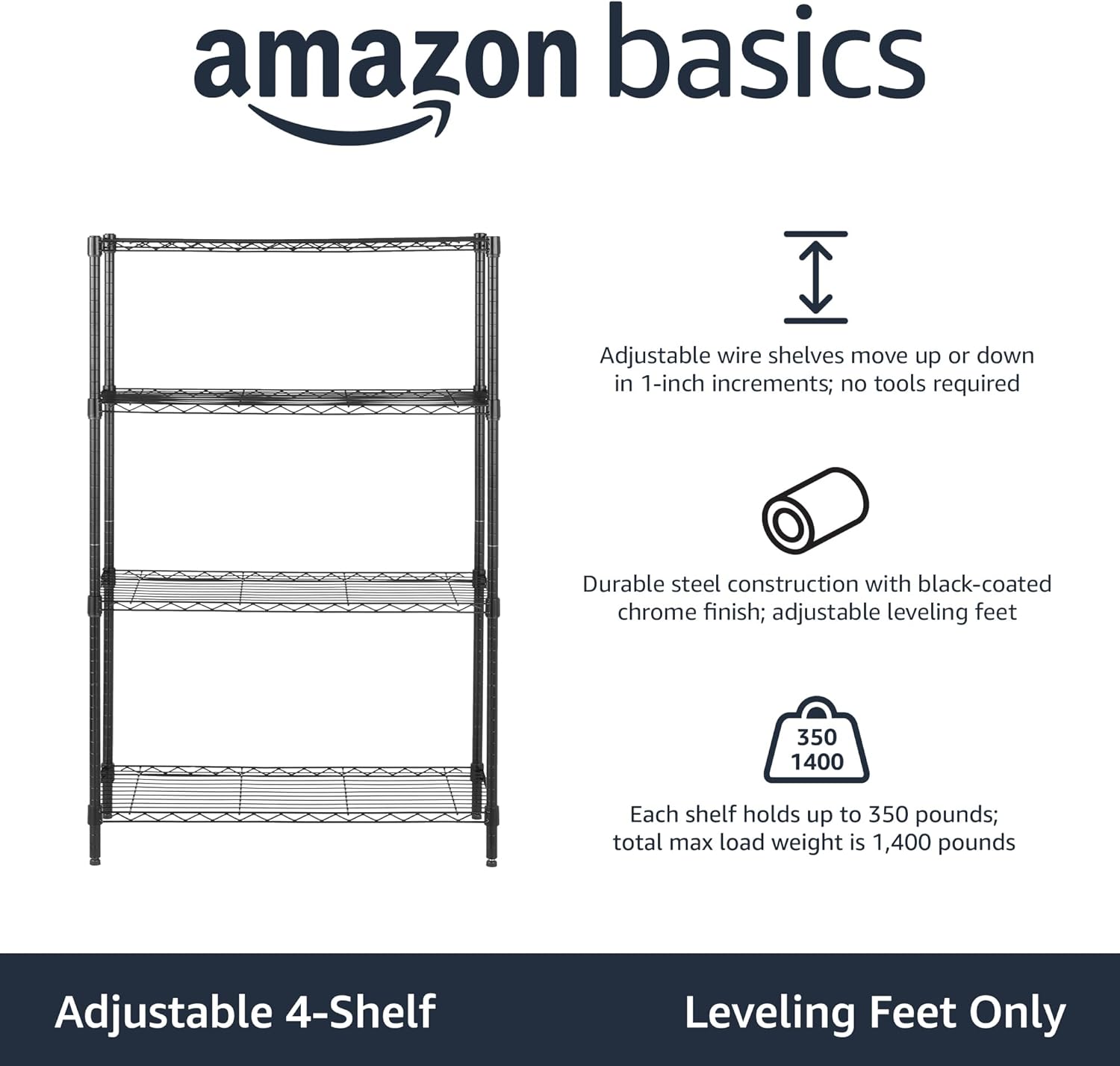 Heavy-Duty 4-Shelf Adjustable Steel Wire Storage Rack - Black