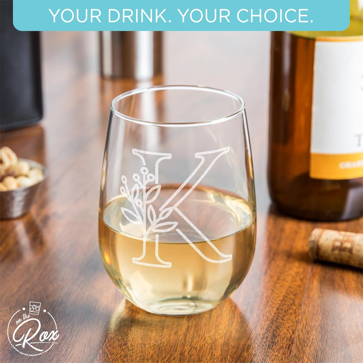 Personalized Monogram Stemless Wine Glass for Couples - 17 oz