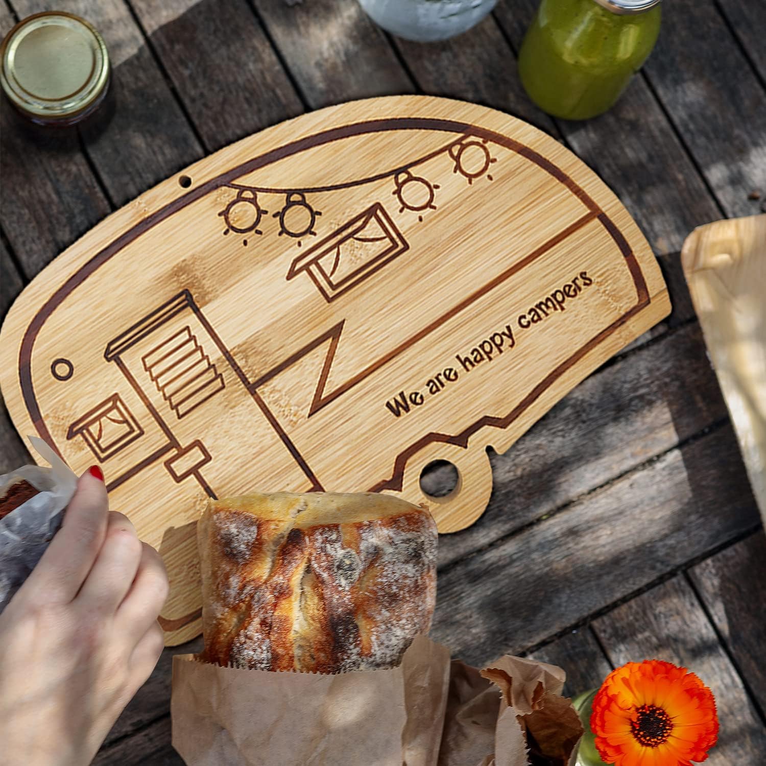 Happy Camper Bamboo Cutting Board for RV Kitchen Decor