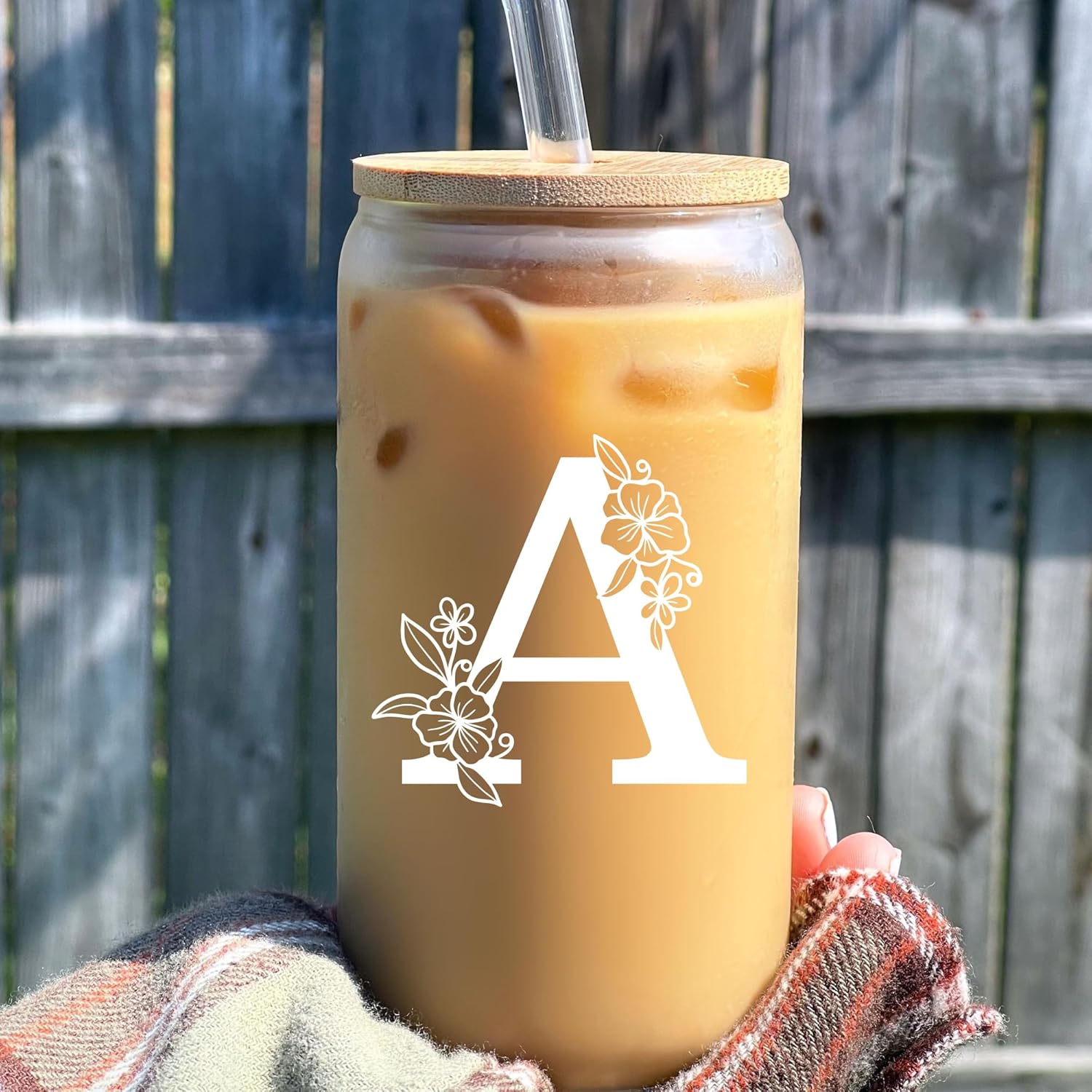 Custom Monogrammed Tumbler with Bamboo Lid & Straw - Gift for Women