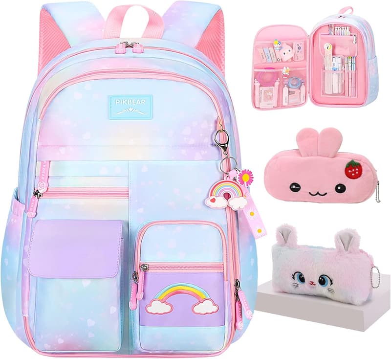 Cute Rainbow Backpack for Girls with Pen Bag