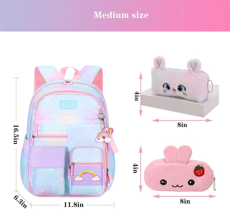 Cute Rainbow Backpack for Girls with Pen Bag