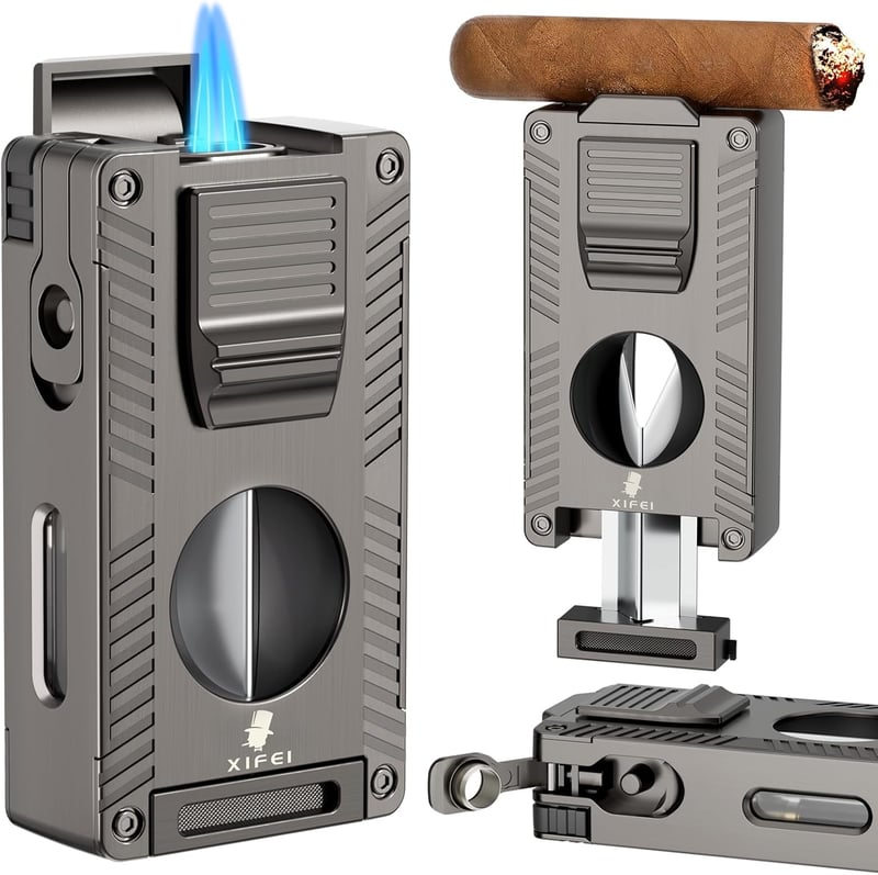 Cigar Accessory Gift Set for Men - 5-in-1 Torch Lighter (Gray)