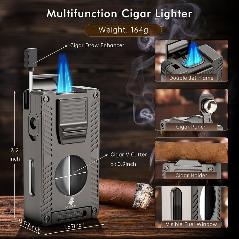 Cigar Accessory Gift Set for Men - 5-in-1 Torch Lighter (Gray)