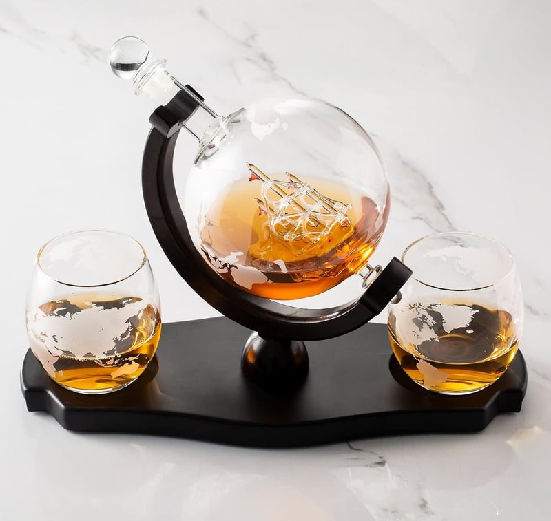 Whiskey Globe Decanter Set with Etched Glasses