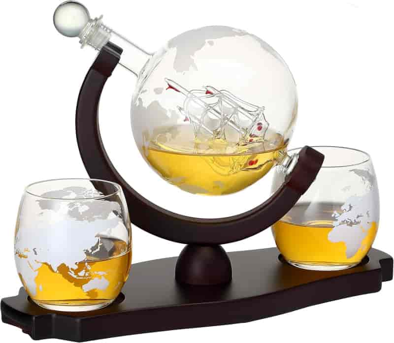 Whiskey Globe Decanter Set with Etched Glasses