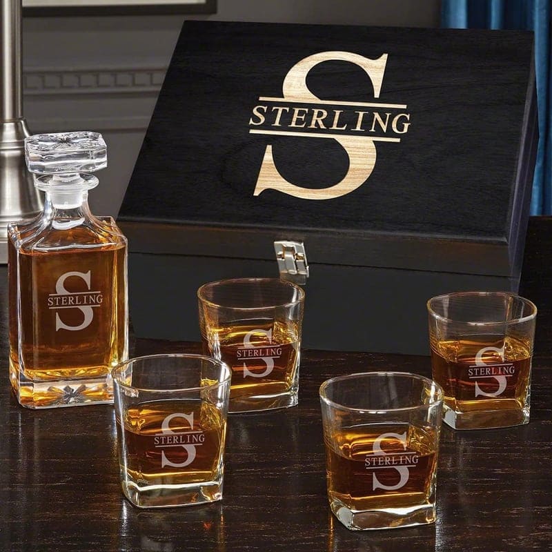 Personalized Bourbon Decanter Set with Glasses in Custom Wood Box