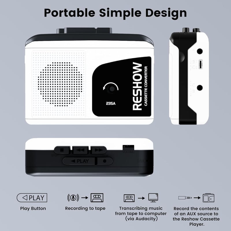 Portable Cassette Player & USB-C MP3 Converter with Stereo Sound