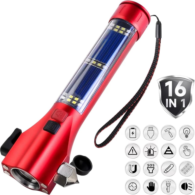 Emergency Solar LED Flashlight with Window Breaker & Seatbelt Cutter