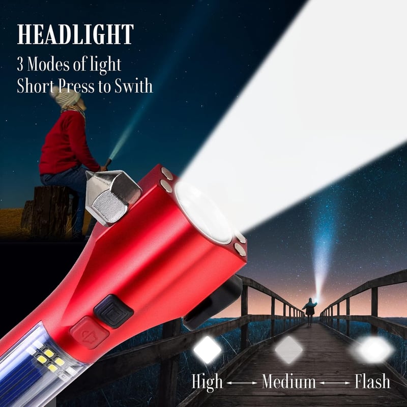 Emergency Solar LED Flashlight with Window Breaker & Seatbelt Cutter