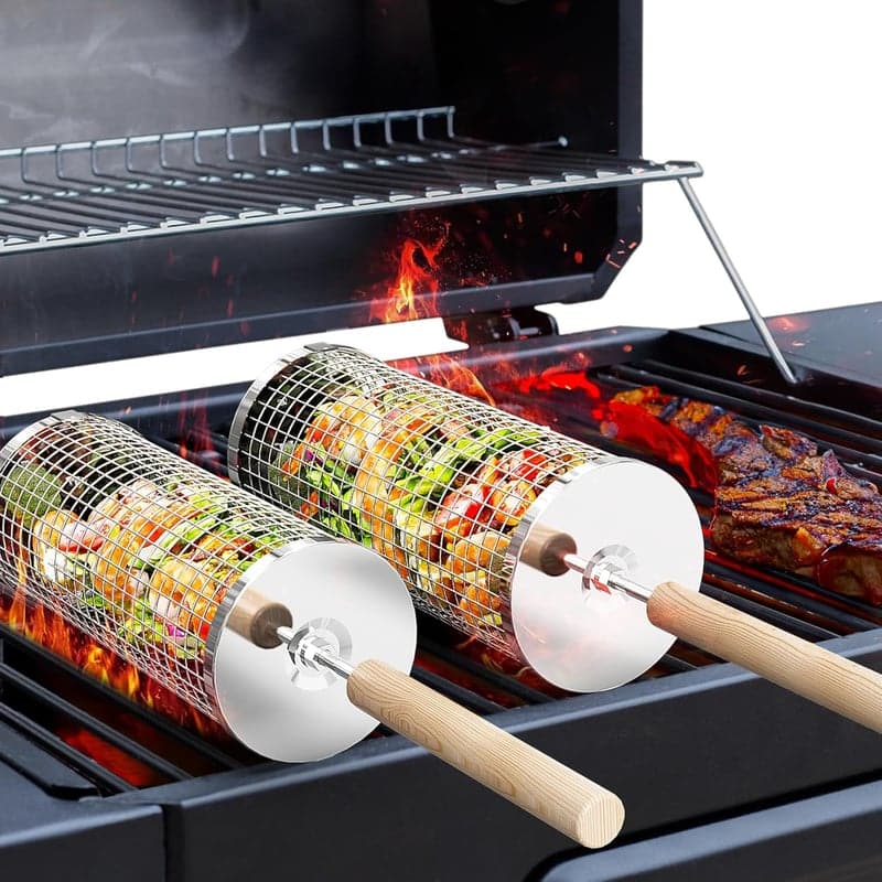 BBQ Grill Basket Set - Stainless Steel with Wooden Handle, 2PCS