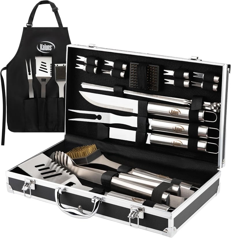 Father's Day Grill Set - Stainless Steel BBQ Tools with Case & Apron