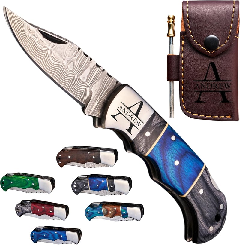 Father's Day Damascus Pocket Knife - Wood Handle