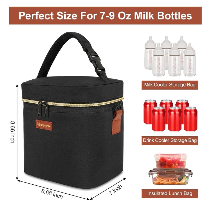 Breastmilk Cooler Bag with Ice Pack, Fits 6 Bottles, Black