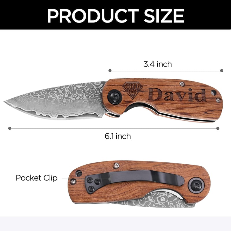 Father's Day Engraved Damascus Pocket Knife