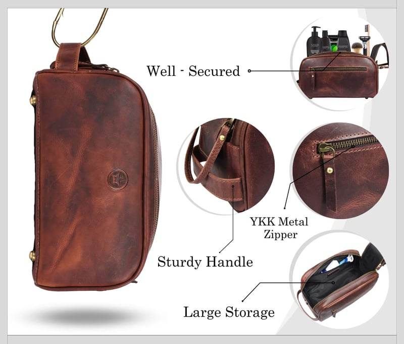 Travel Toiletry Pouch with Waterproof Lining, Premium Leather