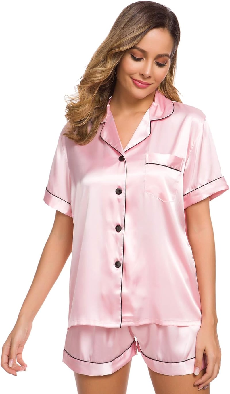 Women's Silk Satin Pajama Set - Short Sleeve & Shorts