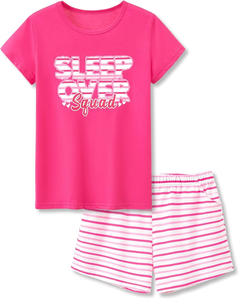 Girls' Summer Pajama Set with Stripes & Glitter Heart