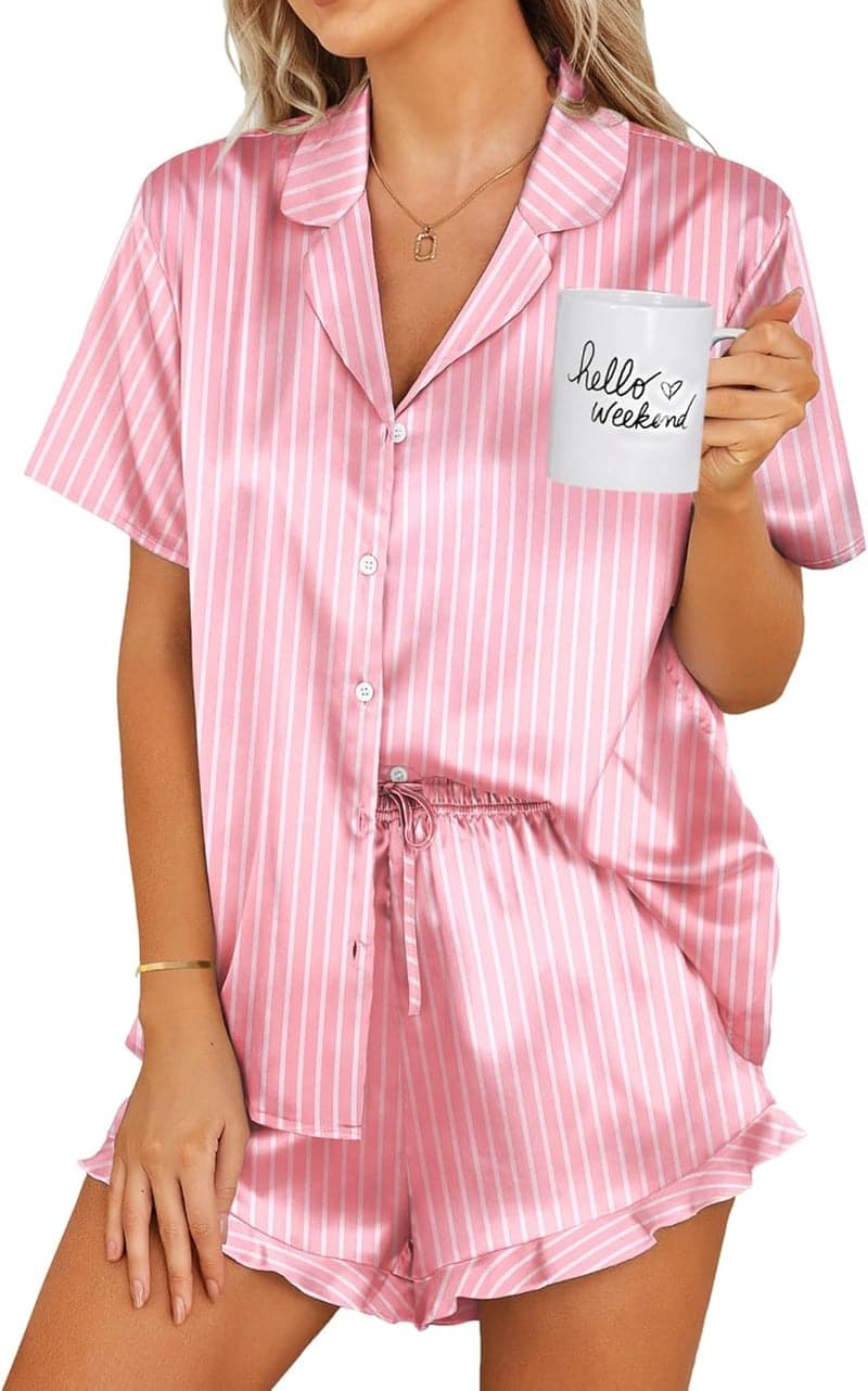 Women's Satin Pajama Set - Silk Shorts & Ruffle Trim