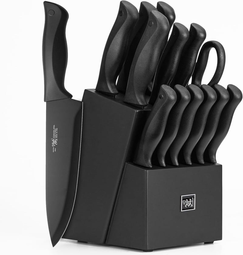 Knife Set with Block, Self-Sharpening, Black Handles