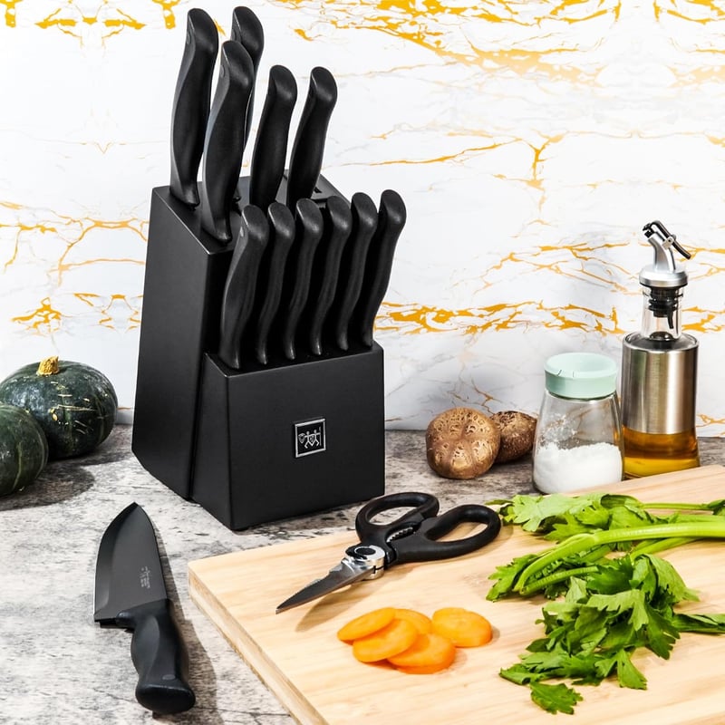 Knife Set with Block, Self-Sharpening, Black Handles