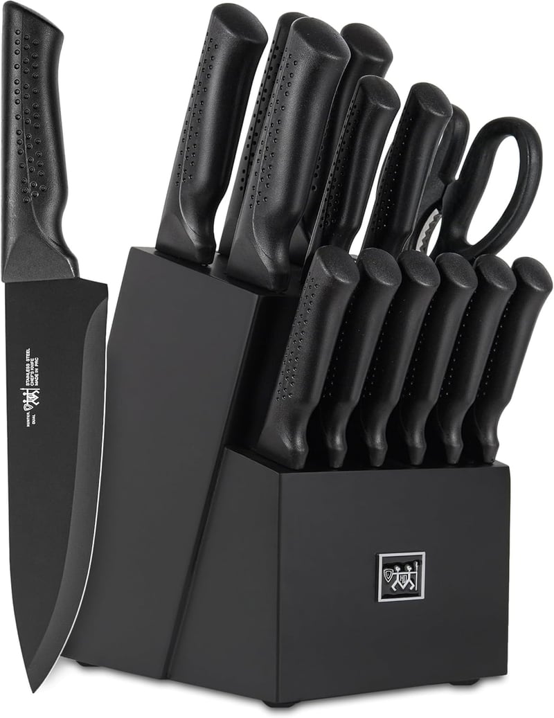 Kitchen Knife Set: 15 Pc, Black, Self-Sharpening
