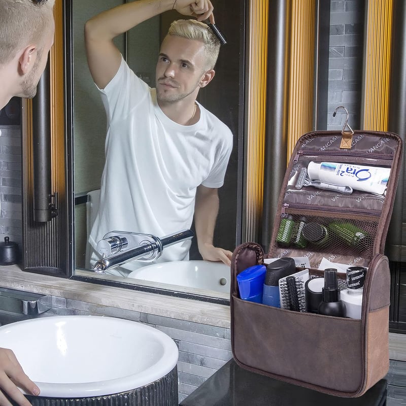 Vintage Leather Hanging Toiletry Bag for Men - Waterproof Travel Kit
