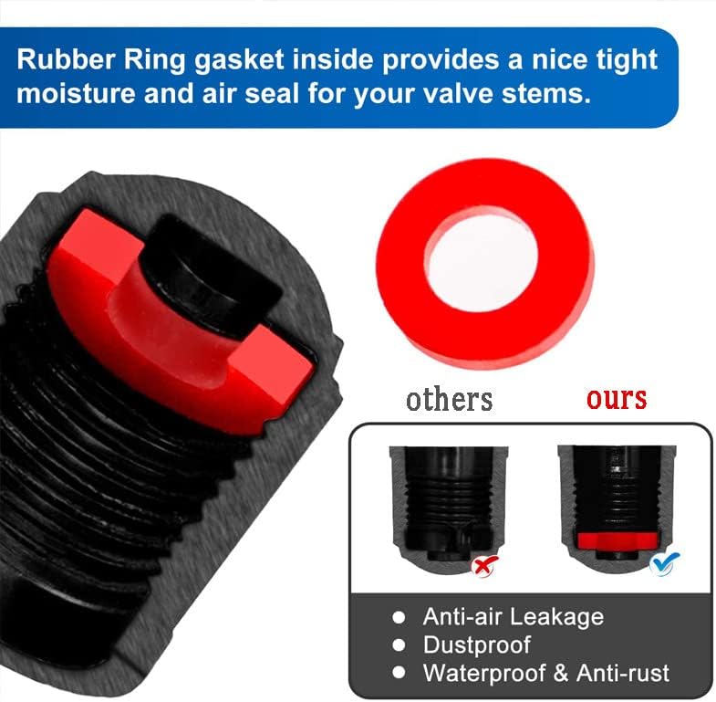Upgraded Black Tire Valve Stem Caps with Sealing Ring (12pcs)