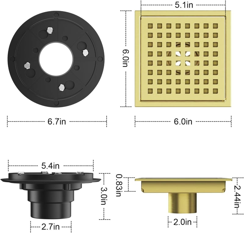 Brushed Gold Shower Drain Kit with Hair Strainer