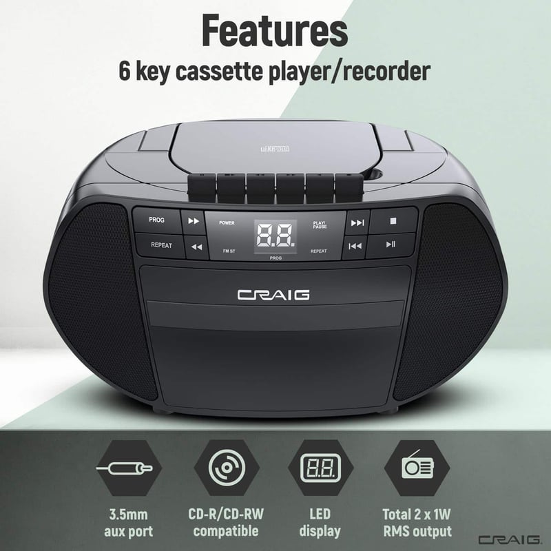 Craig Black Portable CD Boombox with Cassette & Radio