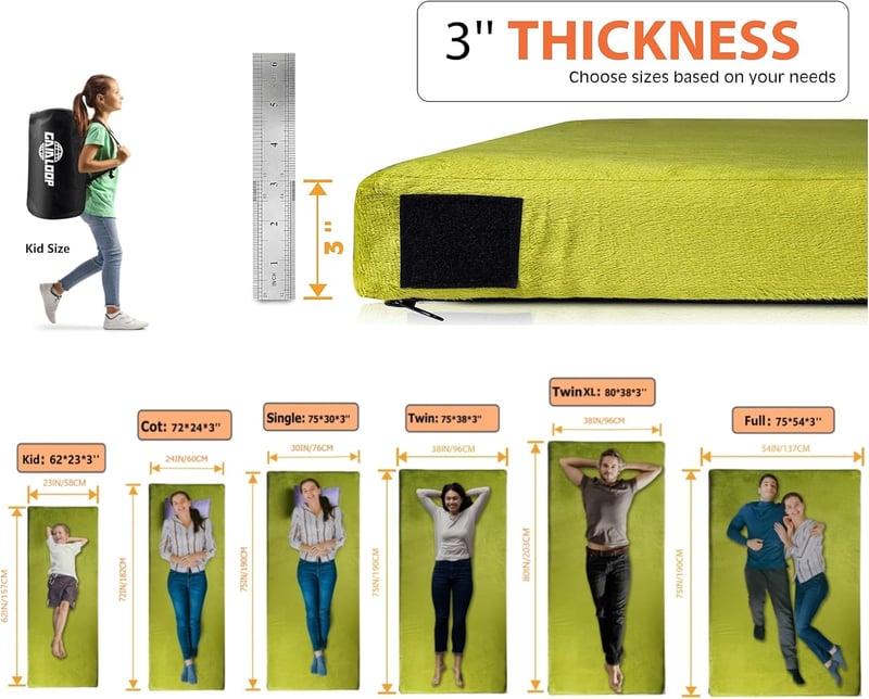 Camping Memory Foam Mattress - 3 Inch Glamping Pad