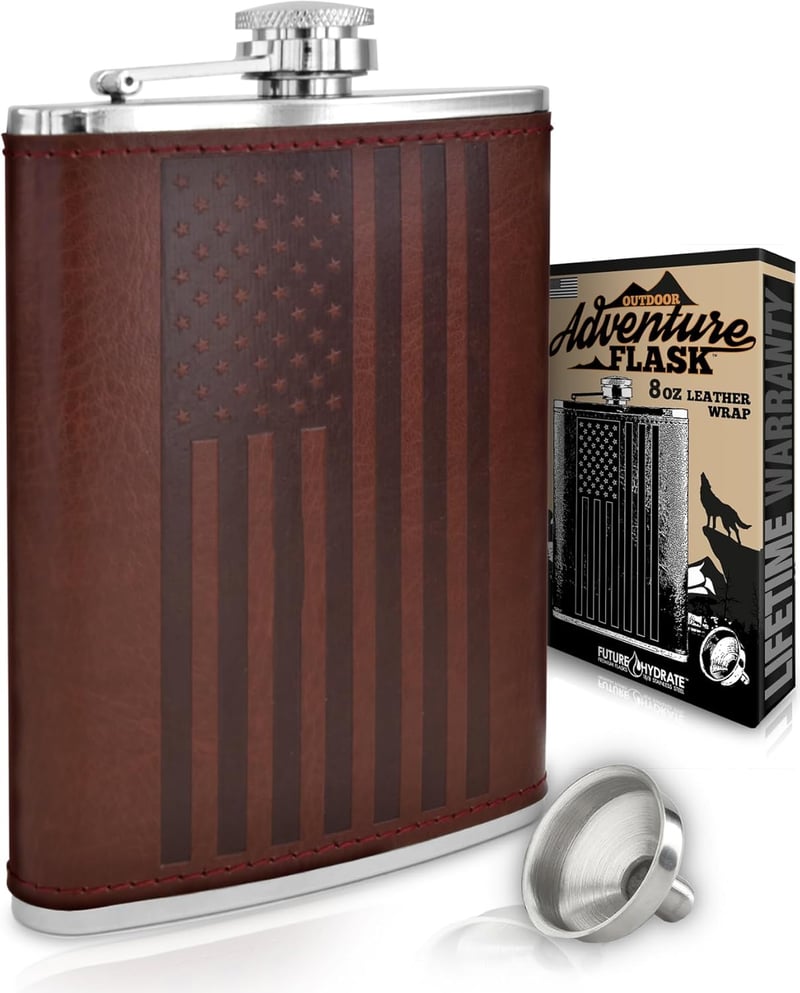 USA Flag Leather Hip Flask, 8oz Stainless Steel + Funnel