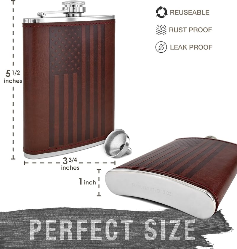 USA Flag Leather Hip Flask, 8oz Stainless Steel + Funnel