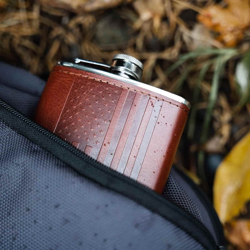 USA Flag Leather Hip Flask, 8oz Stainless Steel + Funnel