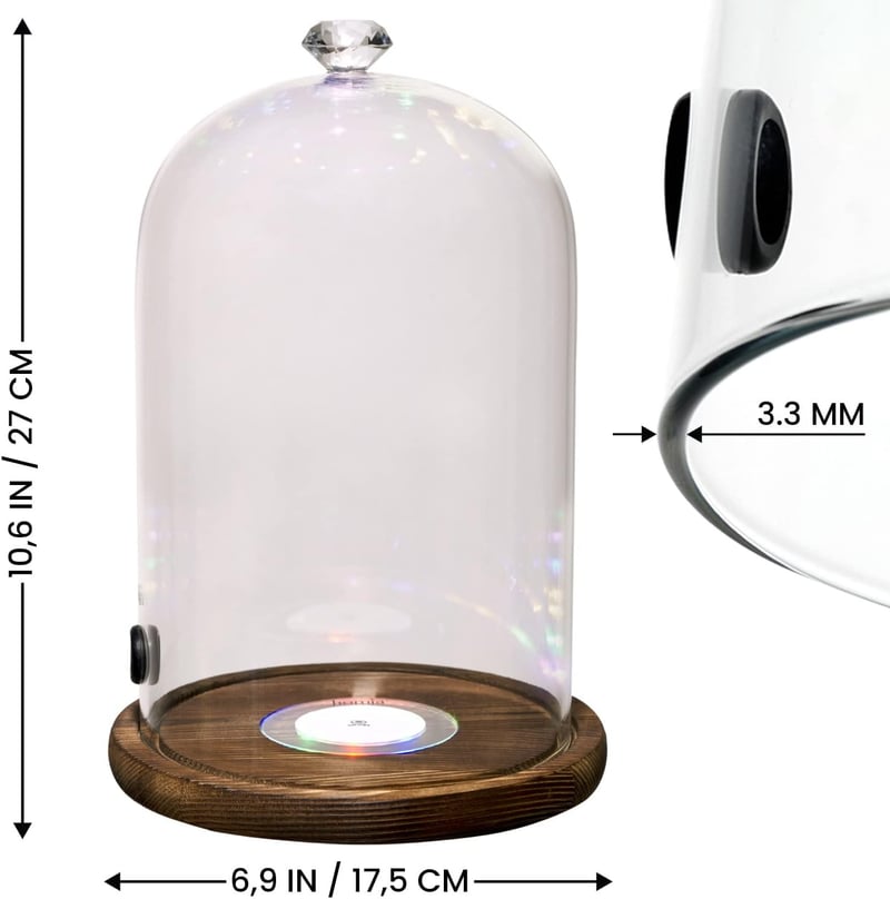 Smoking Cloche with LED Glass Dome and Wooden Base for Cocktails