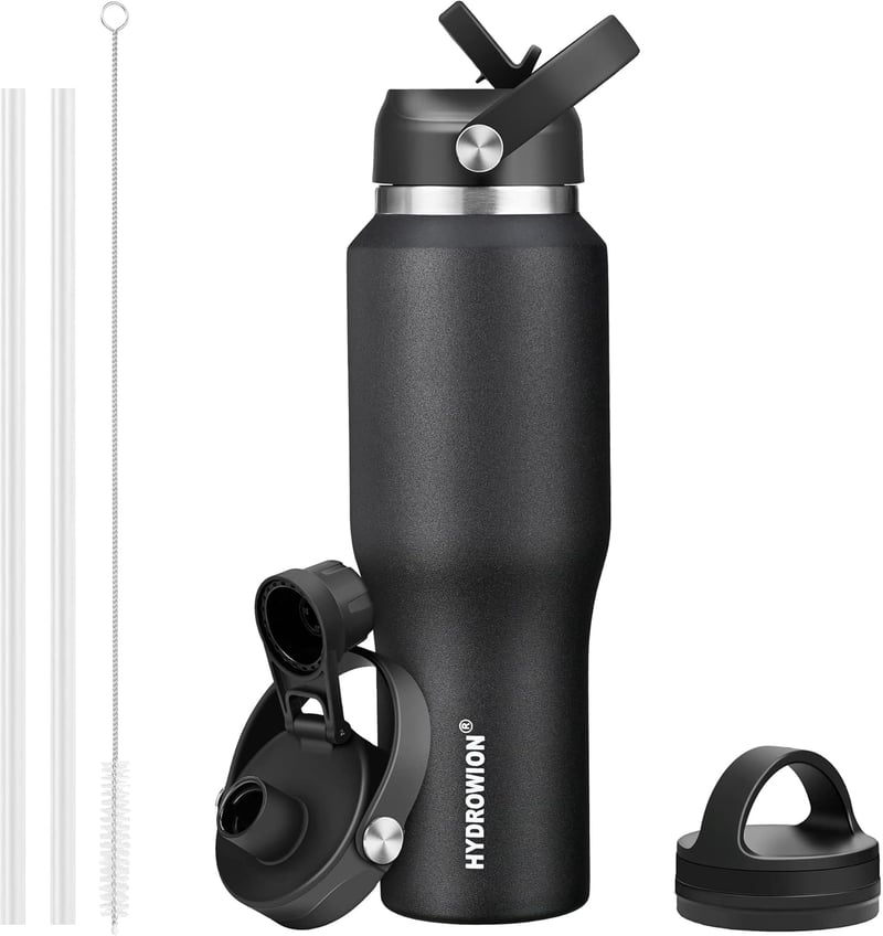 32oz Black Insulated Water Bottle with Straw Lid