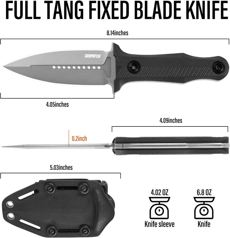 Tactical Fixed Blade Knife, G10 Handle & Kydex Sheath