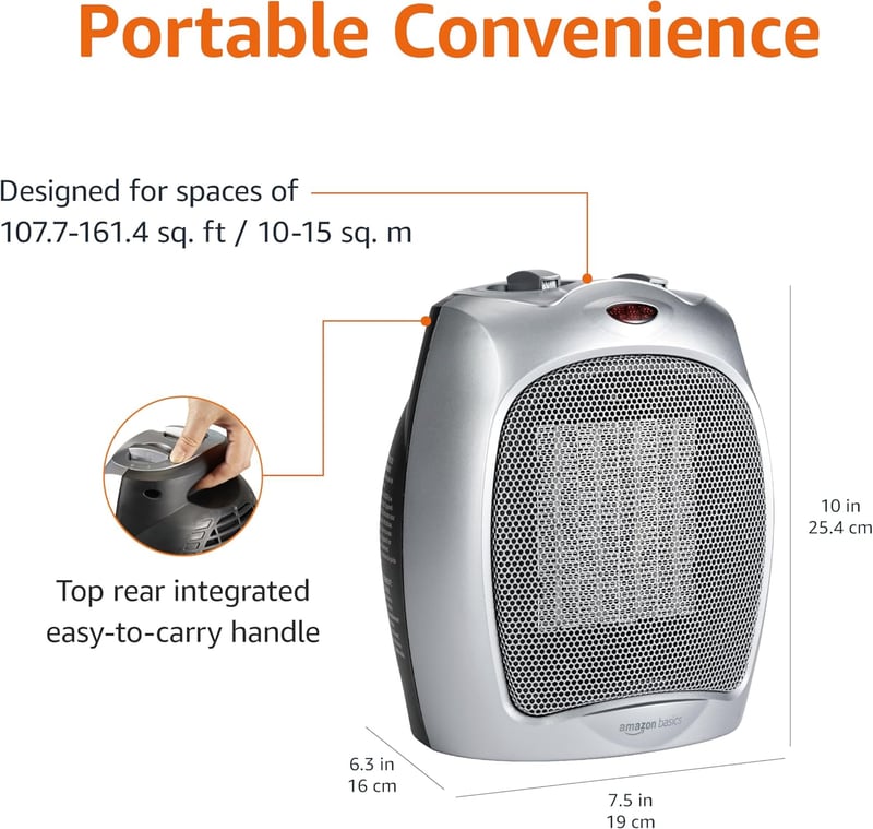 Portable Ceramic Space Heater, 1500W, Silver