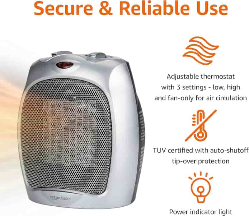 Portable Ceramic Space Heater, 1500W, Silver