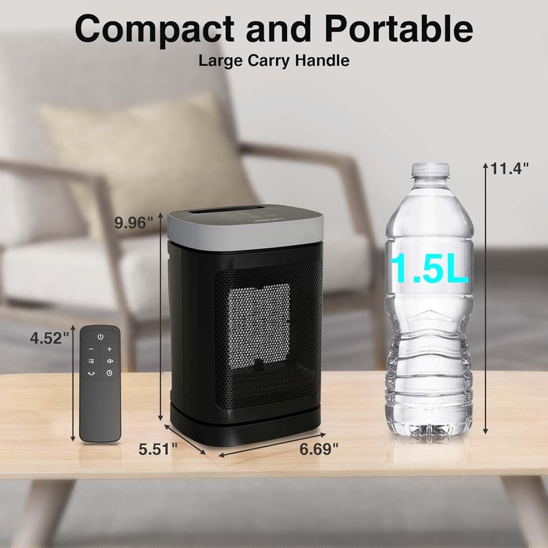 Portable Indoor Space Heater, 1500W PTC, Remote & Timer