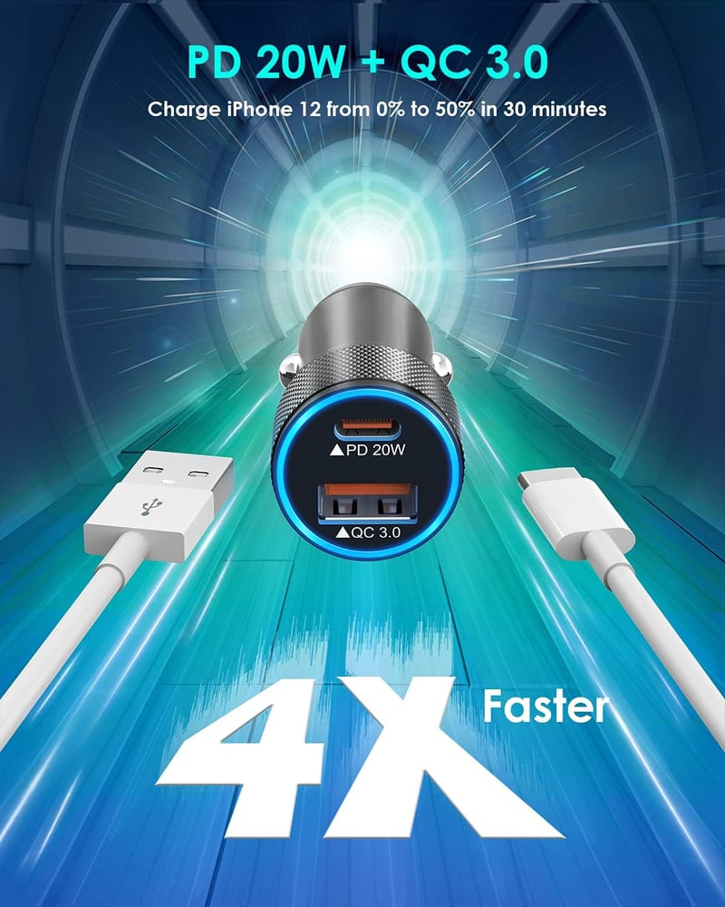 iPhone Car Charger, 38W Dual Port USB-C Fast Charger with Cables