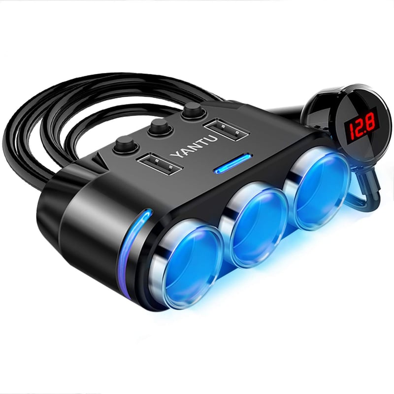 3-Socket Car Lighter Adapter with USB Fast Charging & LED Light
