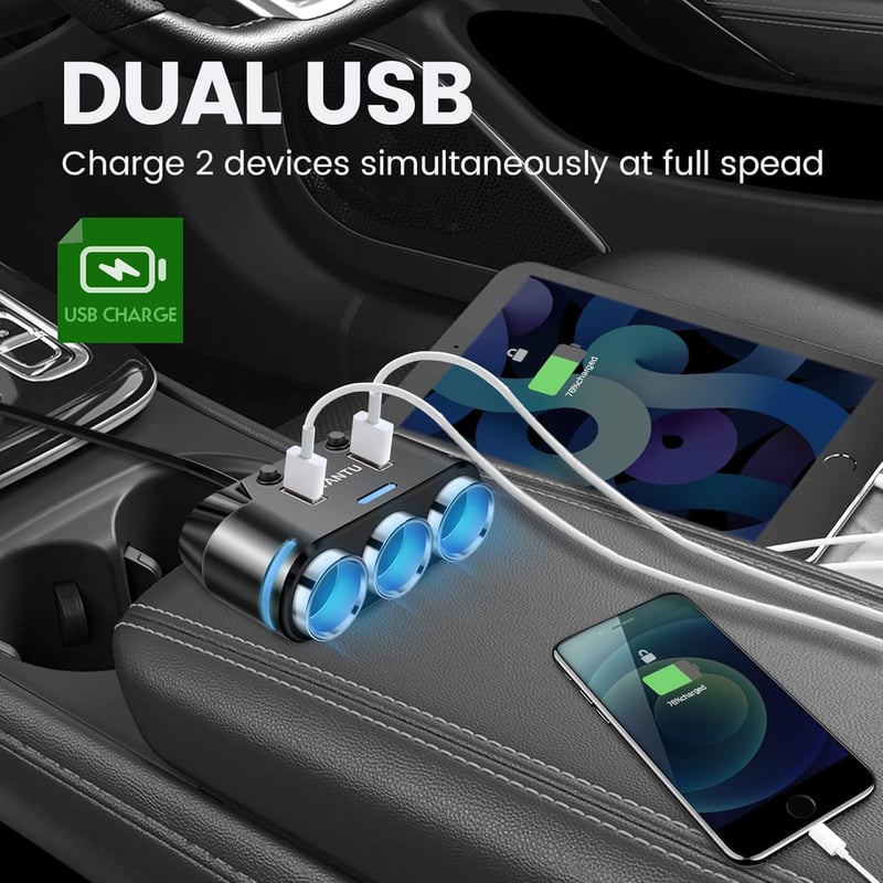 3-Socket Car Lighter Adapter with USB Fast Charging & LED Light
