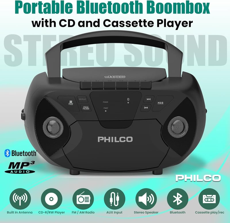 Philco Bluetooth Boombox with CD/Cassette/FM Radio