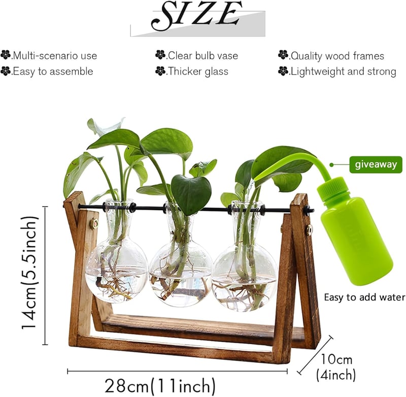 Hydroponic Tabletop Plant Terrarium with Wooden Stand, 3-Bulb Glass Vases