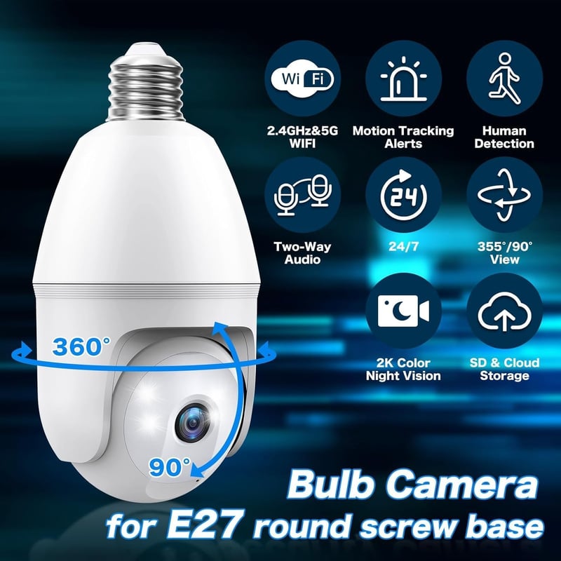 Outdoor 360° Light Bulb Security Camera, 2K, Motion Sensor