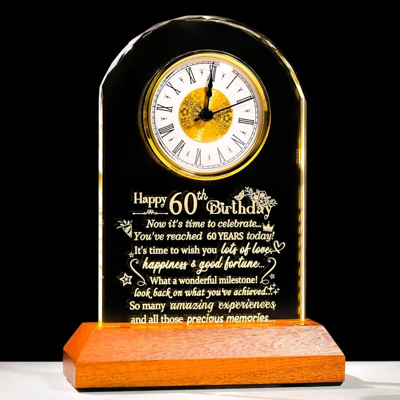 60th Birthday Quartz Clock with LED Wooden Base for Parents