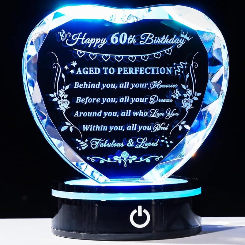 60th Birthday Crystal Heart Gift with Light Base for Women & Men